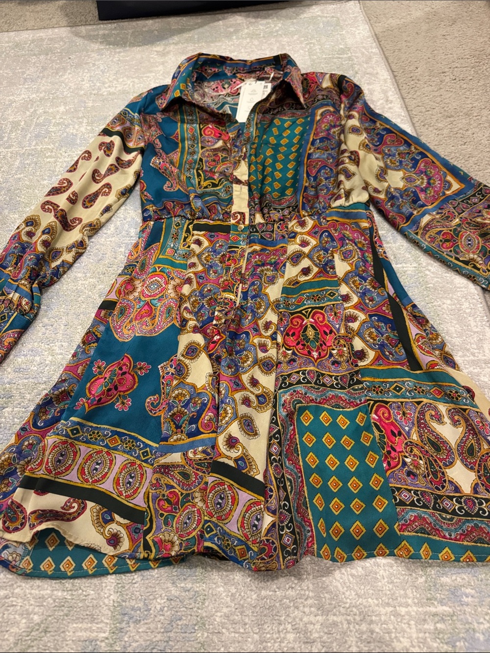 Zara Teal Multi Paisley Long Sleeve Shirt Dress